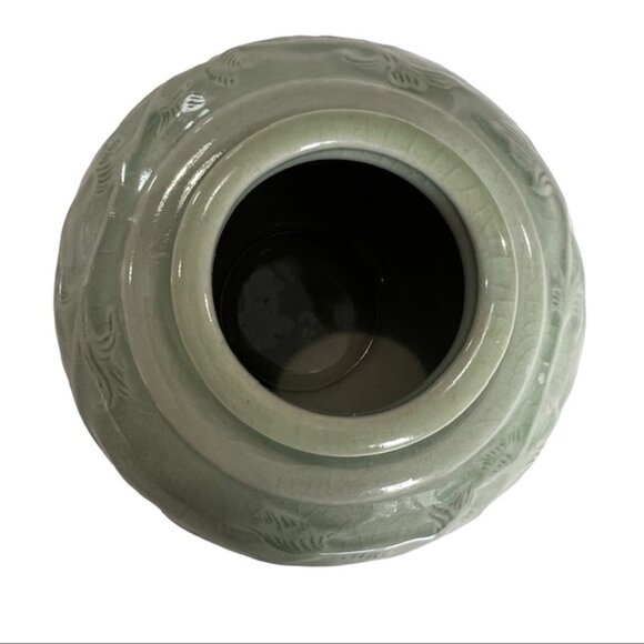 Antique Signed & # Chinese Celadon Porcelain Vase Lotus and Leaf Motif Design 5" - Picture 9 of 12